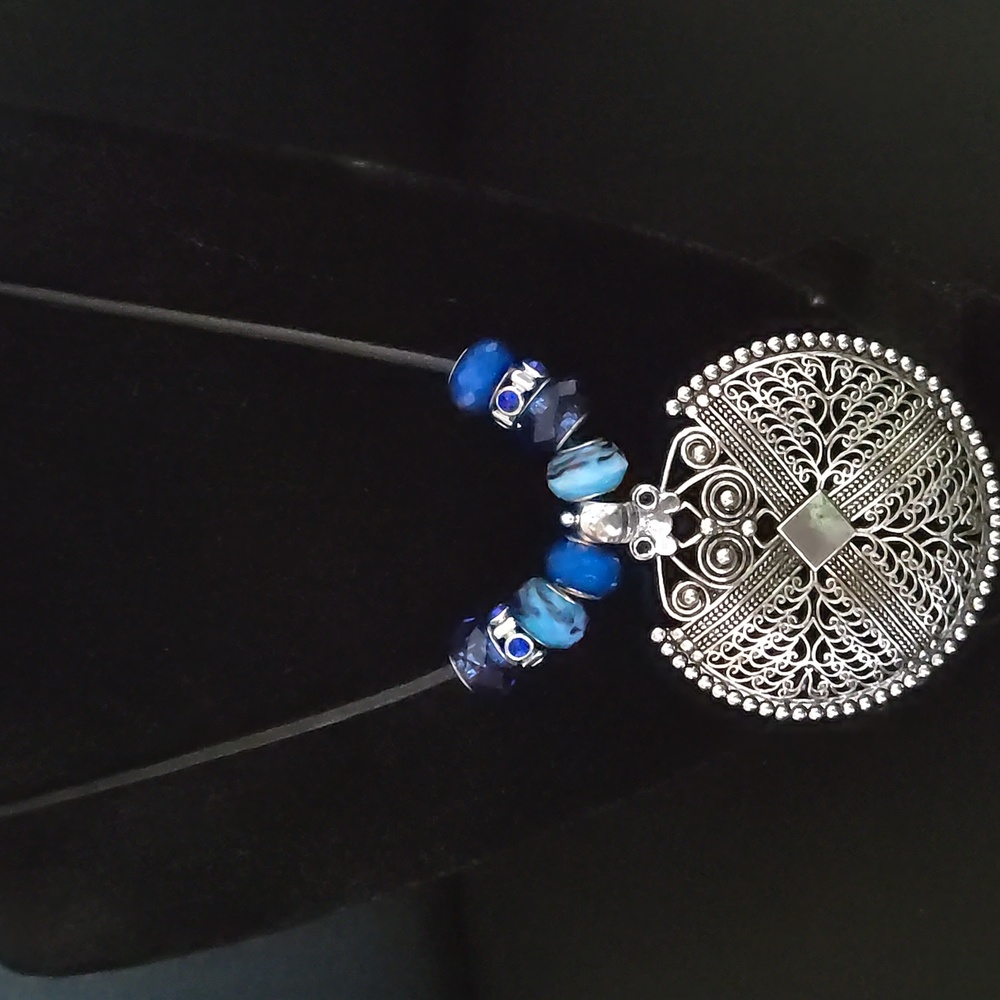 Handcrafted Silver Plated Boho Chic Style Pendant, Blue Glass and Crystal Beads - Picture 2 of 4